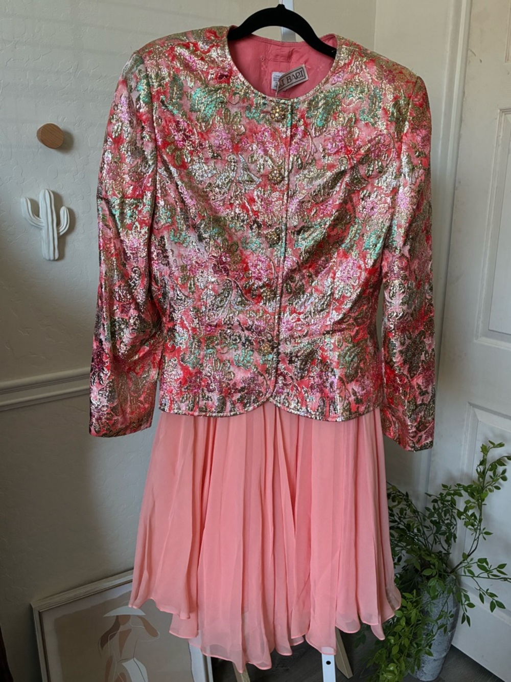 A.J. Bari Vintage Metallic Brocade Shell Gold Embellishment with Silk Skirt Set
